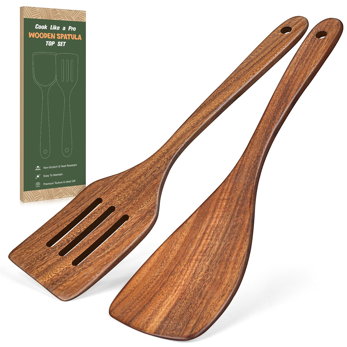2Pcs Wooden Spatula, Acacia Solid & Slotted Turner Spatula Set, Long Handle Flat Frying Spatulas, Ideal Kitchen Gift for Mother and Grandma, Kitchen Utensils Set for Cooking, Frying, Baking
