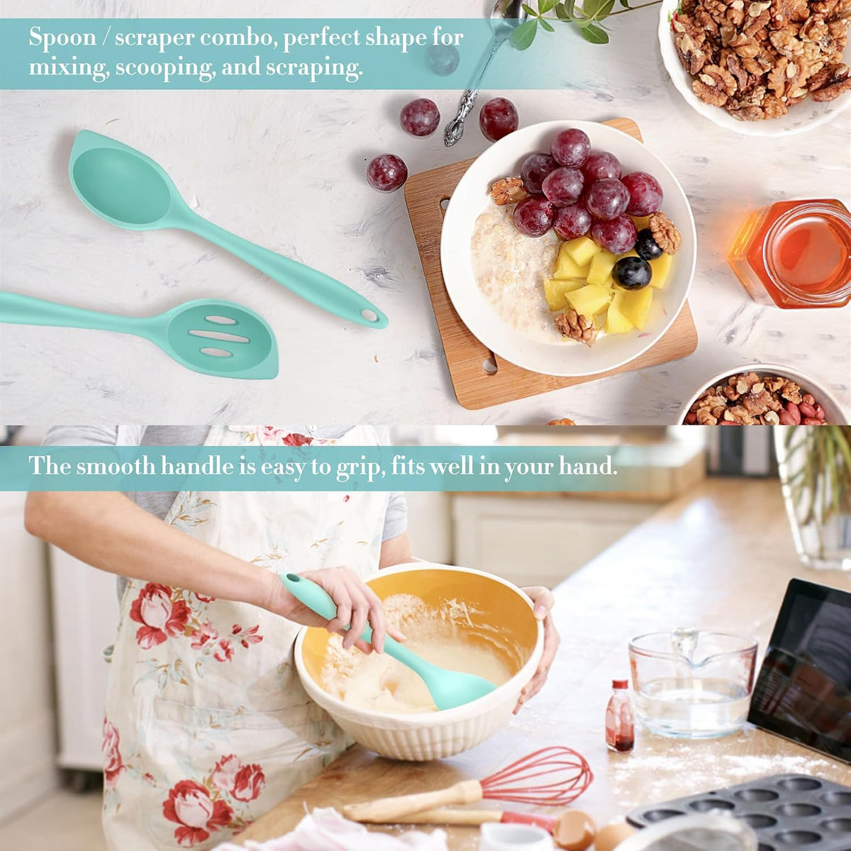 Silicone Corner Spoon Slotted, Heat Resistant Rubber Spoonula for Mixing, Serving, Scraping, Non-stick Slotted Cooking Spoons