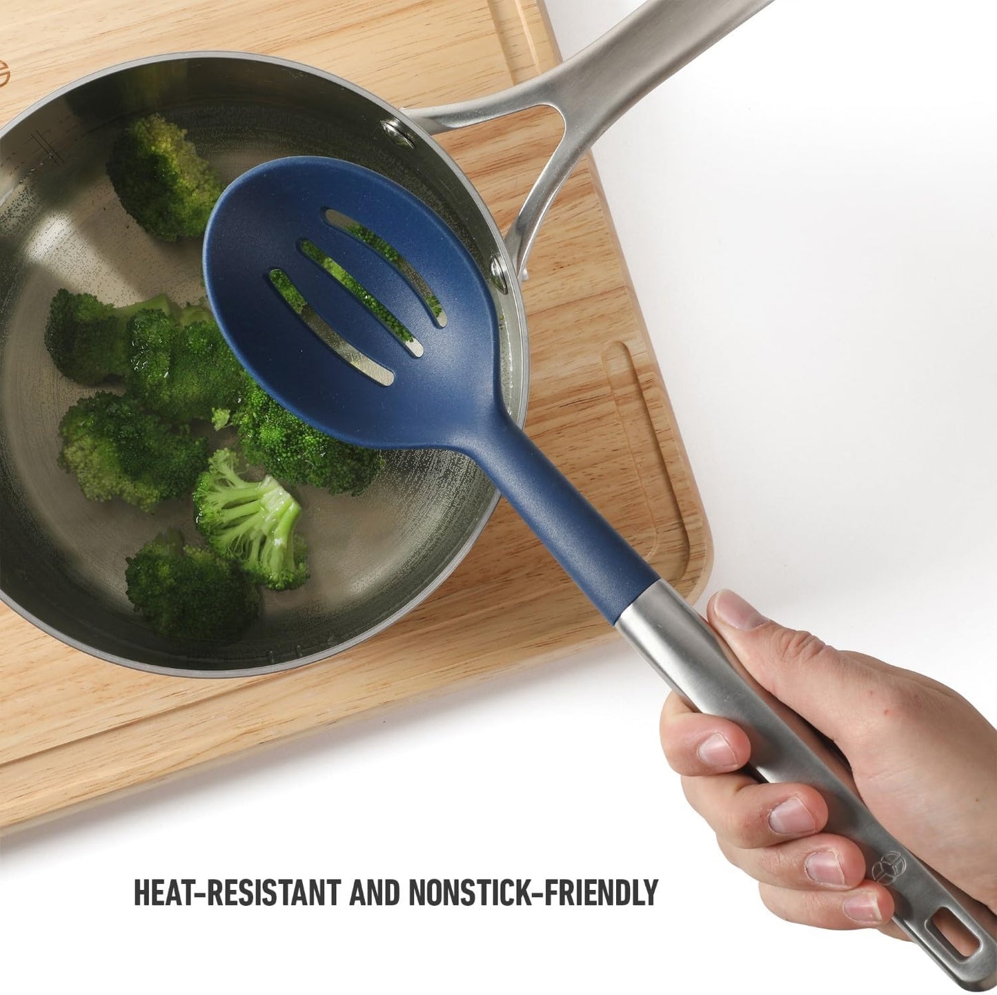 Calphalon Prime Slotted Spoon Skimmer, Stainless Steel Slotted Spoon, Straining Spoon with Navy Silicone Head, Heat-Resistant Nonstick-Safe Kitchen Tool