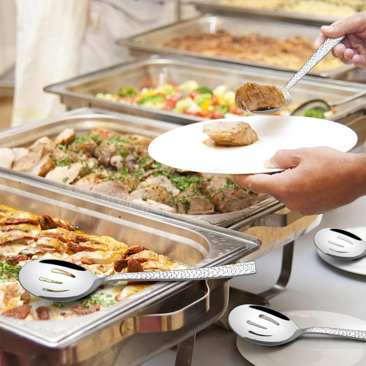 E-far Hammered Slotted Serving Spoons, 4-Piece Stainless Steel Tablespoons Hostess Serving Utensils Set for Catering Buffet Party Wedding Kitchen Restaurant, Dishwasher Safe