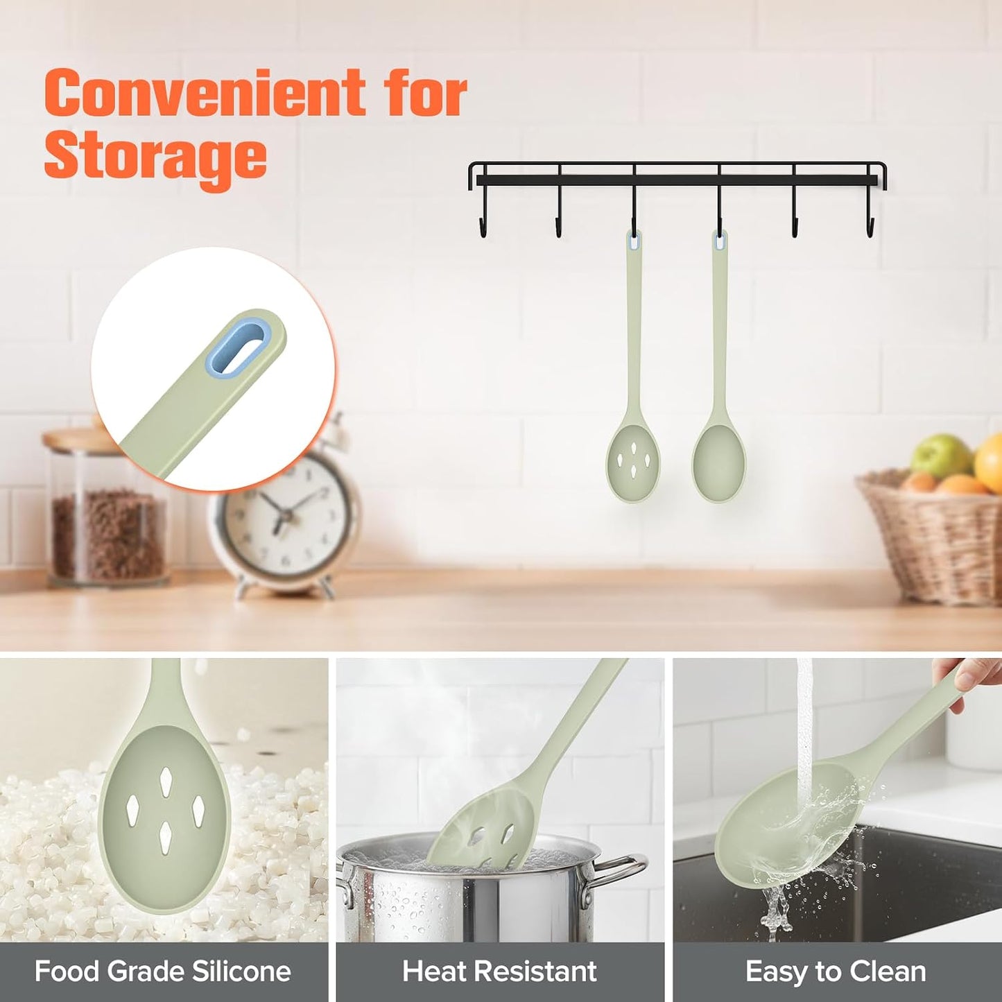 Silicone Cooking Spoon, Solid&Slotted Spoons, 2 Pack (Green)