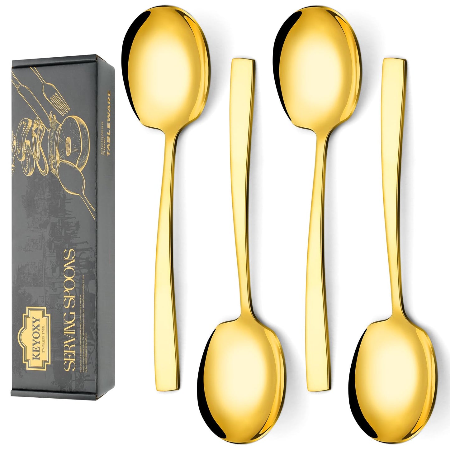 4 Piece Stainless Steel Serving Spoons Set - 2 Large, 2 Slotted, 9.2-Inch, Dishwasher Safe, for Parties/Kitchen/Buffet/Catering