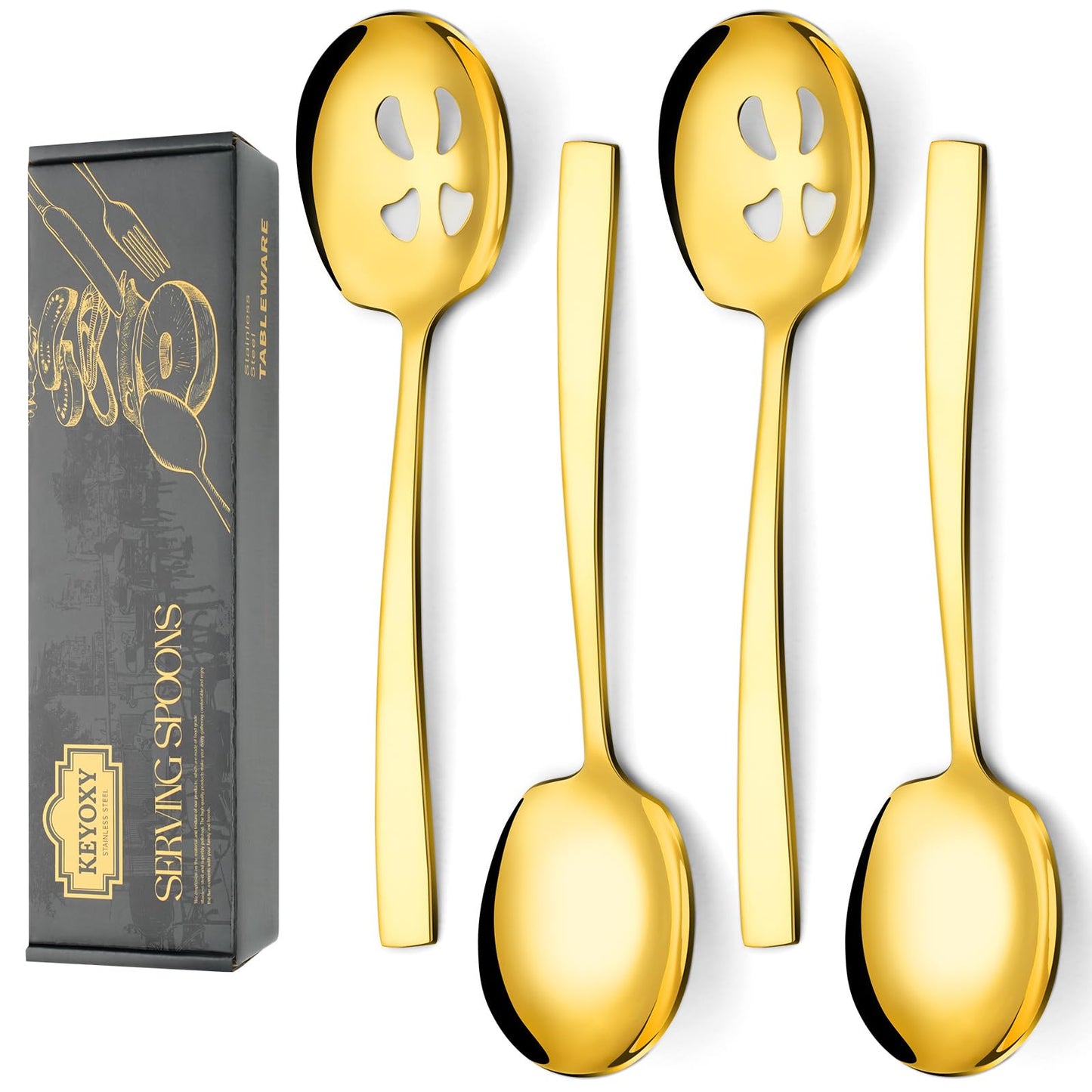 4 Piece Stainless Steel Serving Spoons Set - 2 Large, 2 Slotted, 9.2-Inch, Dishwasher Safe, for Parties/Kitchen/Buffet/Catering