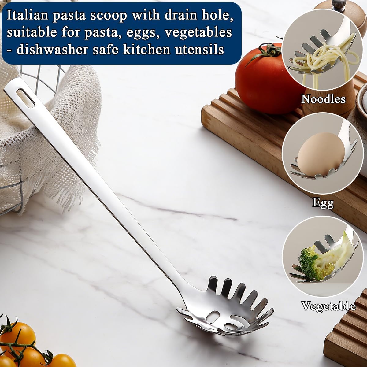 Berglander Kitchen Ladle Spoon and Spaghetti Spoon Set 2 pieces, Pasta Spoon Stainless Steel Kitchen Utensils for Cooking, Stirring, Serving Spaghetti, Soup, Sauce, Dishwasher Safe