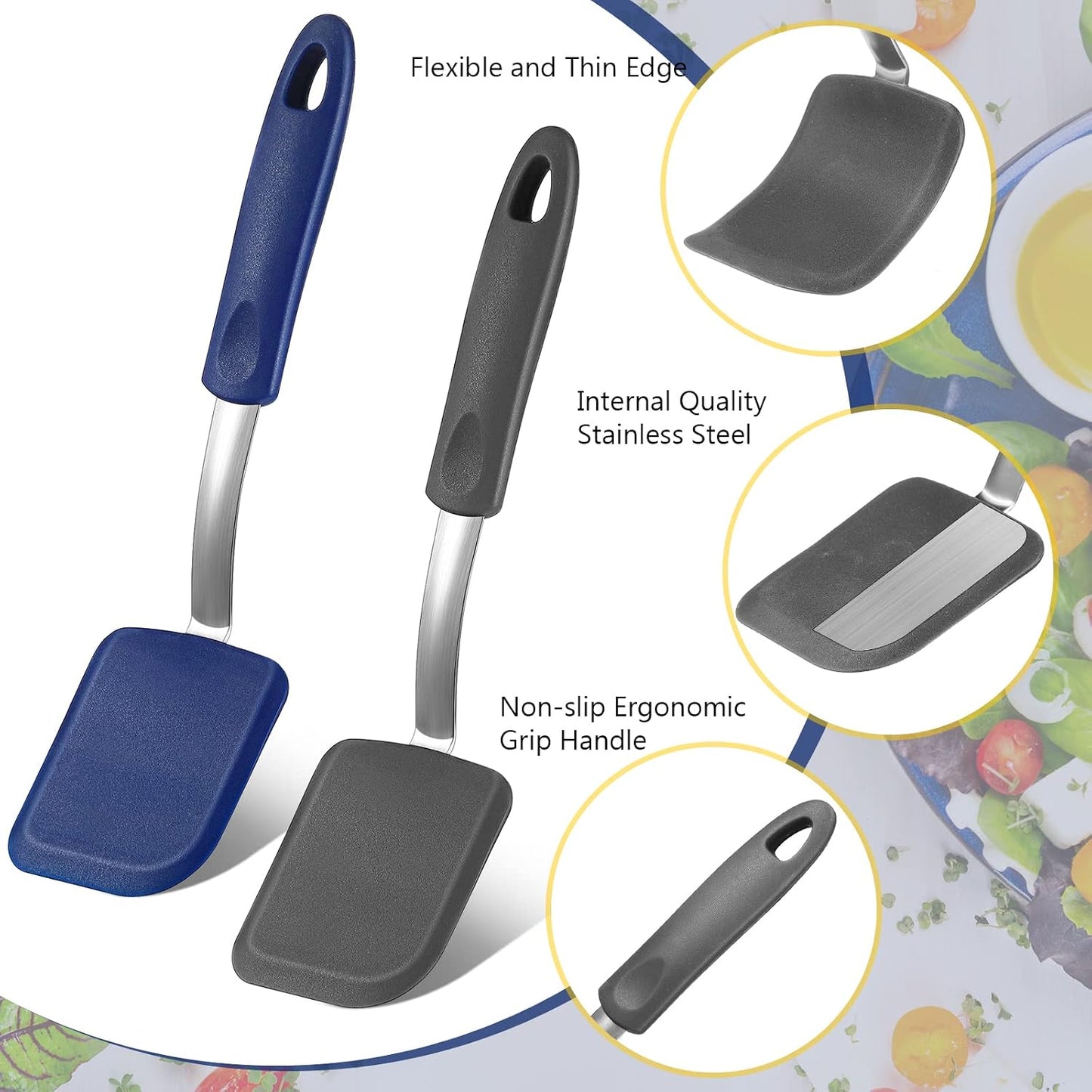 2 Pcs Mini Silicone Cookie Brownie Spatula,Solid Flat,Gray, Blue