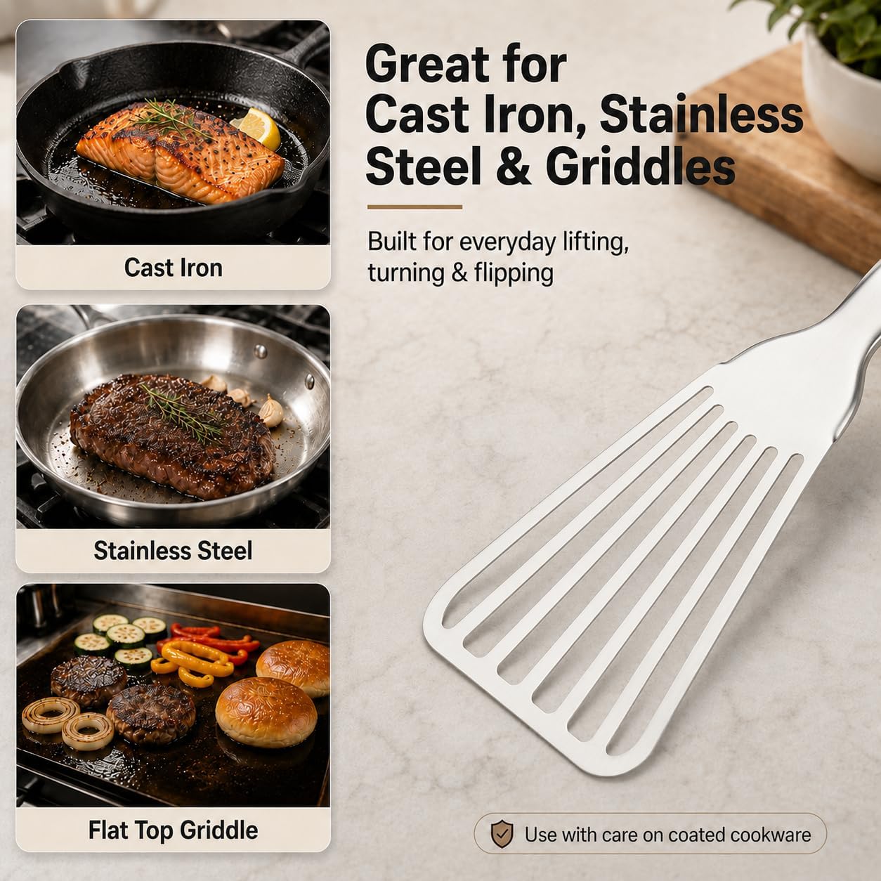 304 Stainless Steel Fish Spatula, Thin Flexible Slotted Turner