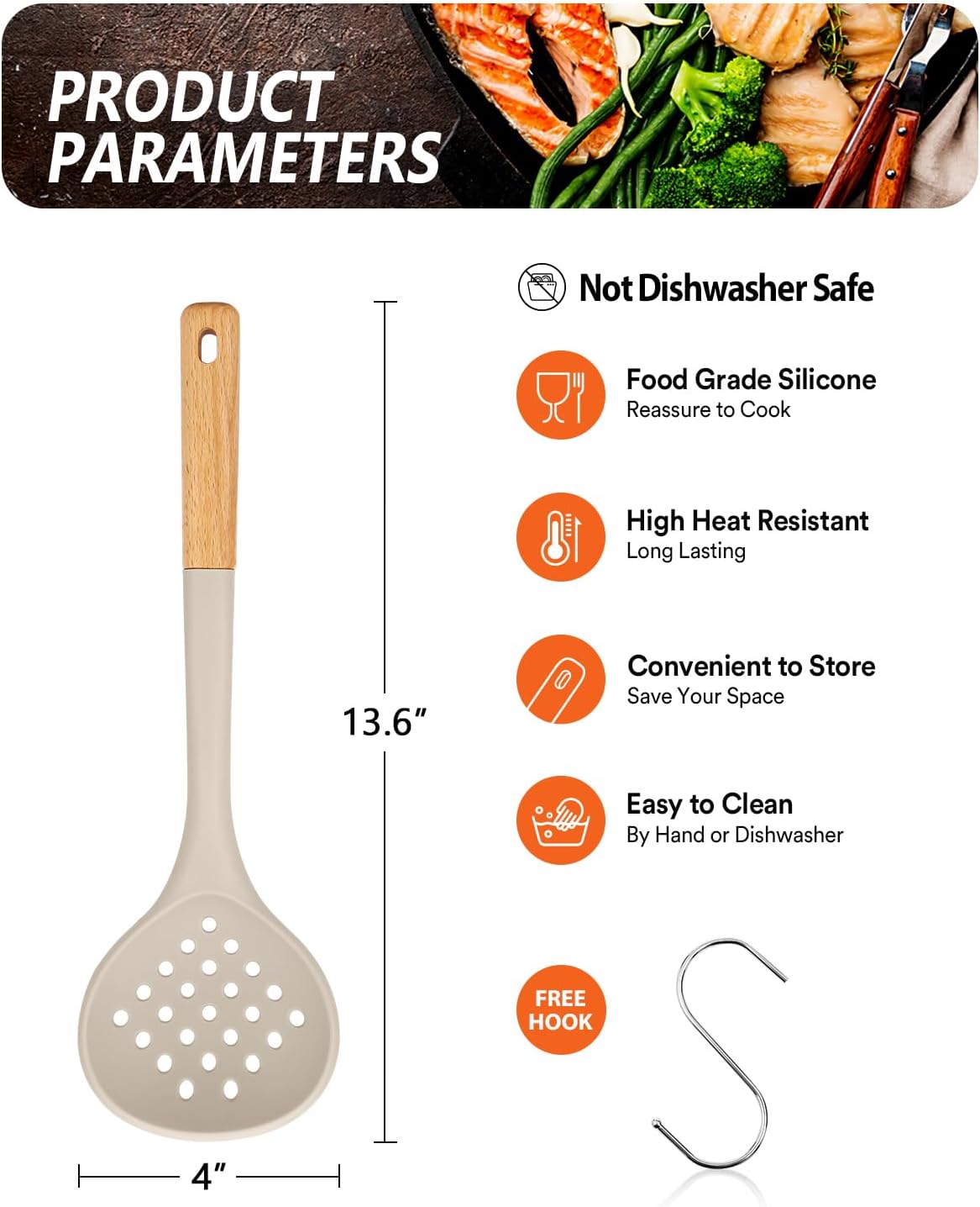 Badiano Silicone Kitchen Ladle Strainer, Large Slotted Spoon,13", Khaki