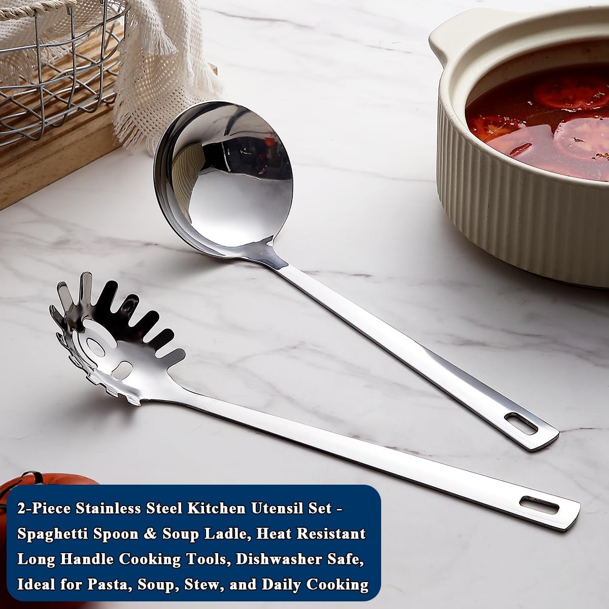 Berglander Kitchen Ladle Spoon and Spaghetti Spoon Set 2 pieces, Pasta Spoon Stainless Steel Kitchen Utensils for Cooking, Stirring, Serving Spaghetti, Soup, Sauce, Dishwasher Safe