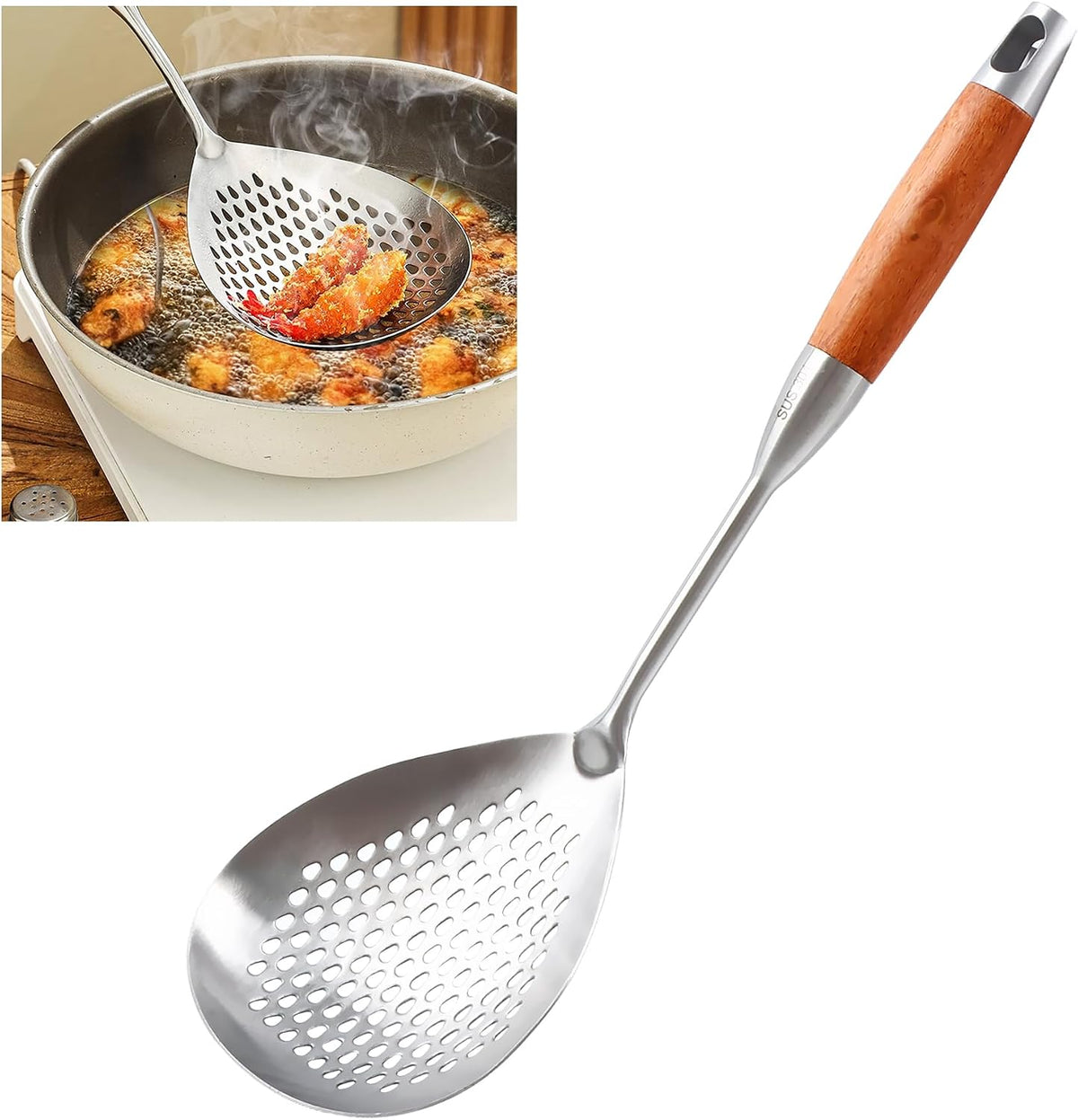 Skimmer Slotted Spoon, 304 Stainless Steel Spider Strainer Skimmer Ladle Spoon for Cooking and Frying, Pasta Strainer Spoon for Draining, 4.3 Inch