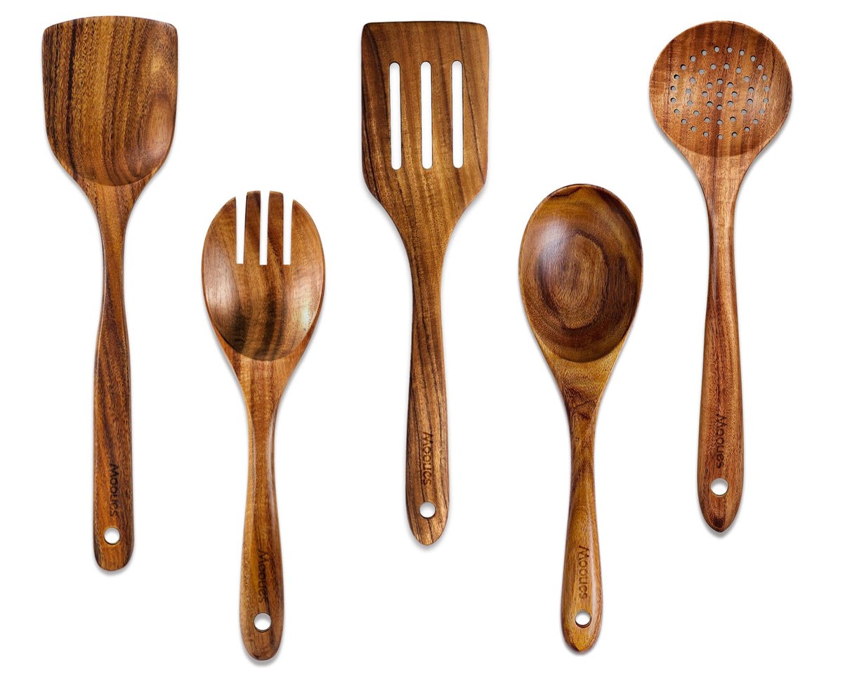 Mooues Wooden Kitchen Utensil Set, 9 Piece Natural Teak with Spoon Rest