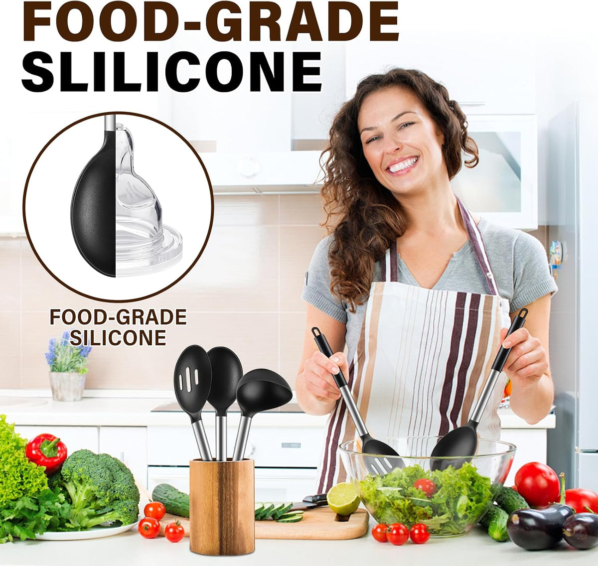 3 Pcs Silicone Cooking Spoon Set, Kitchen Utensils Include Solid & Slotted Spoon, Soup Ladle, Food-Grade Heat Resistant, Non-Scratch Spoons for Serving, Stirring, Draining, Dishwasher Safe, Black
