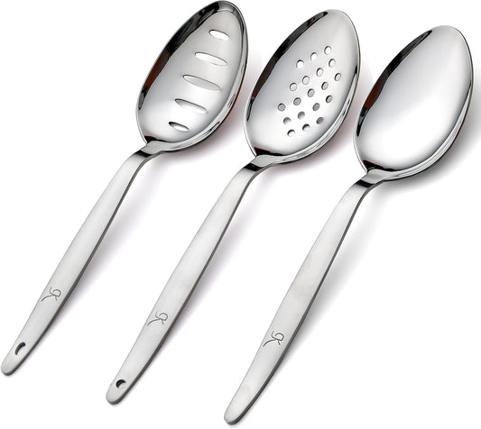 3-PCS Kunz Spoon | 9 Inch 18/10 Stainless Steel Serving Spoons Set Include Serving Spoon, Slotted and Perforated Spoons (Medium 9 Inch, 3 Pack All Kunz)