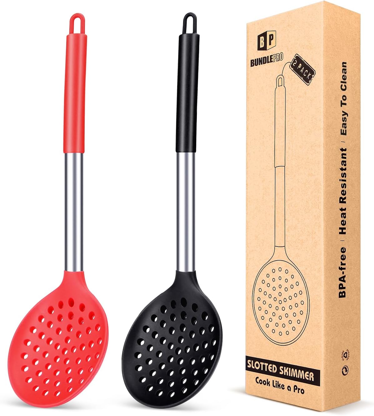 BUNDLEPRO Silicone Kitchen Ladle Strainer, 2 Pack, Black-Red