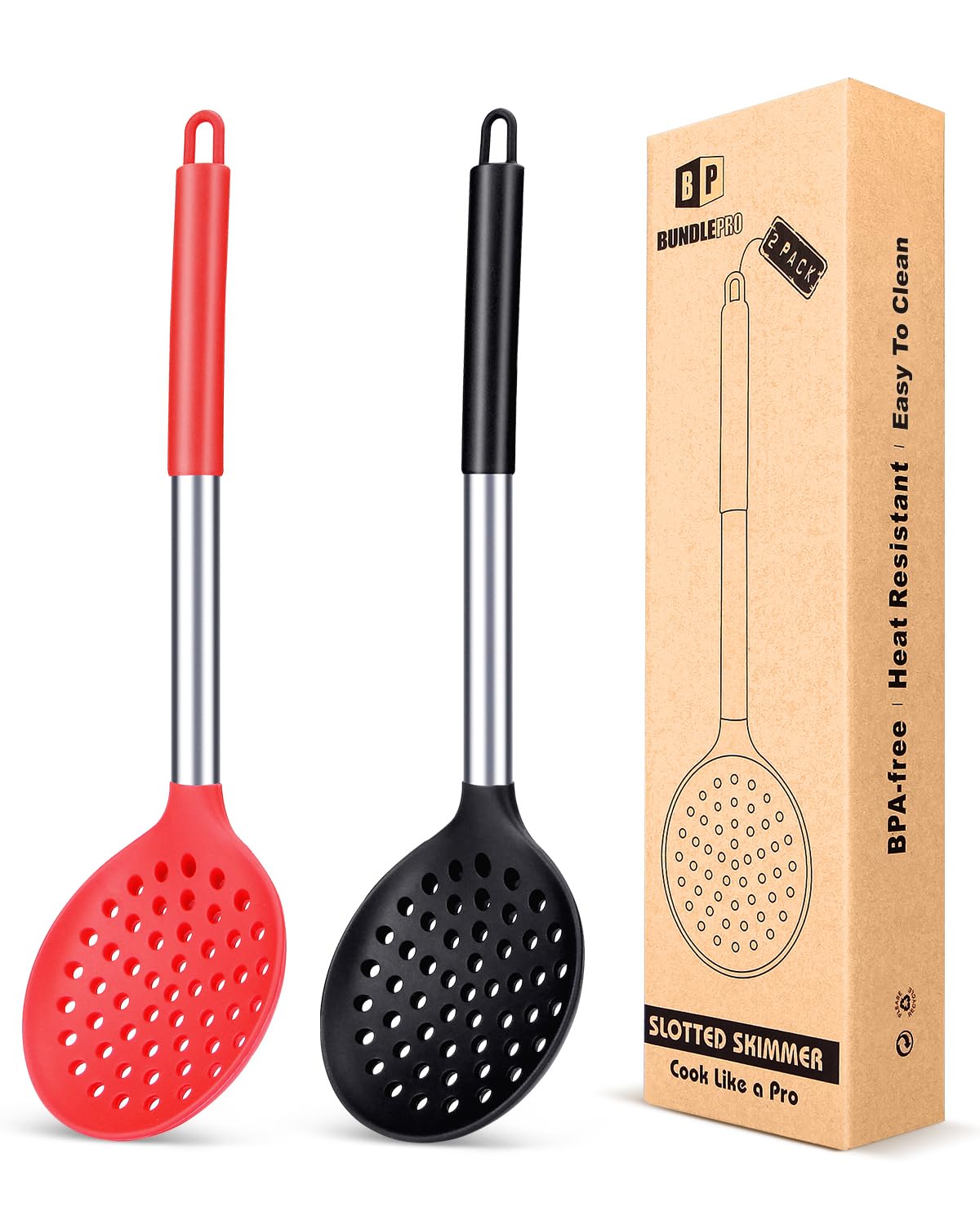 BUNDLEPRO Silicone Kitchen Ladle Strainer, 2 Pack, Black-Red