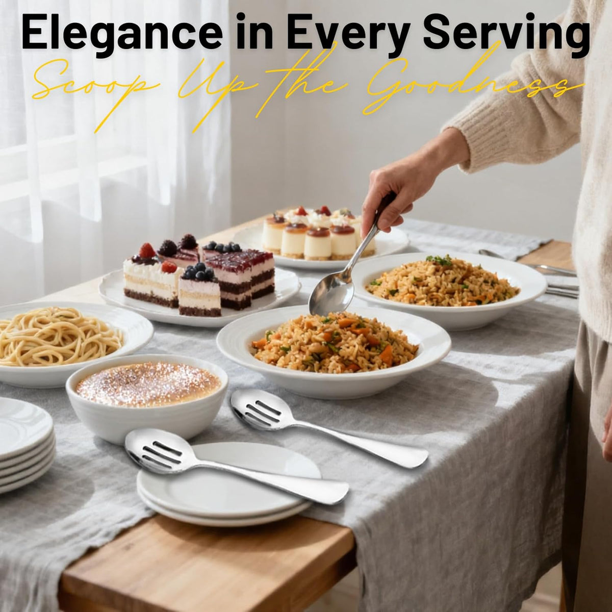 VIVANI 4-Piece Serving Spoons Set, 8.5-Inch Serving Spoon and Slotted Spoon