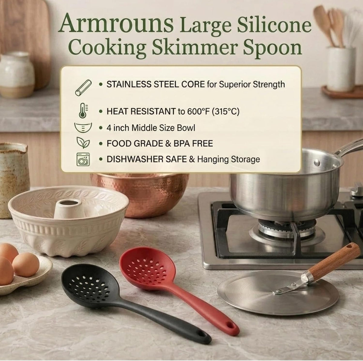 Skimmer Slotted Spoon 2PC Set, Heat Resistant 600 °F Slotted ladle Spoons For Kitchen Cooking. (Black & Red)