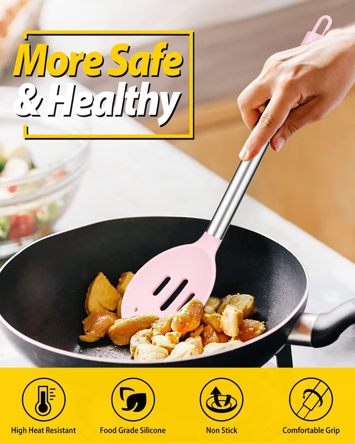 BUNDLEPRO Silicone Cooking Spoons for Nonstick Cookware, 2 Pack, Pink