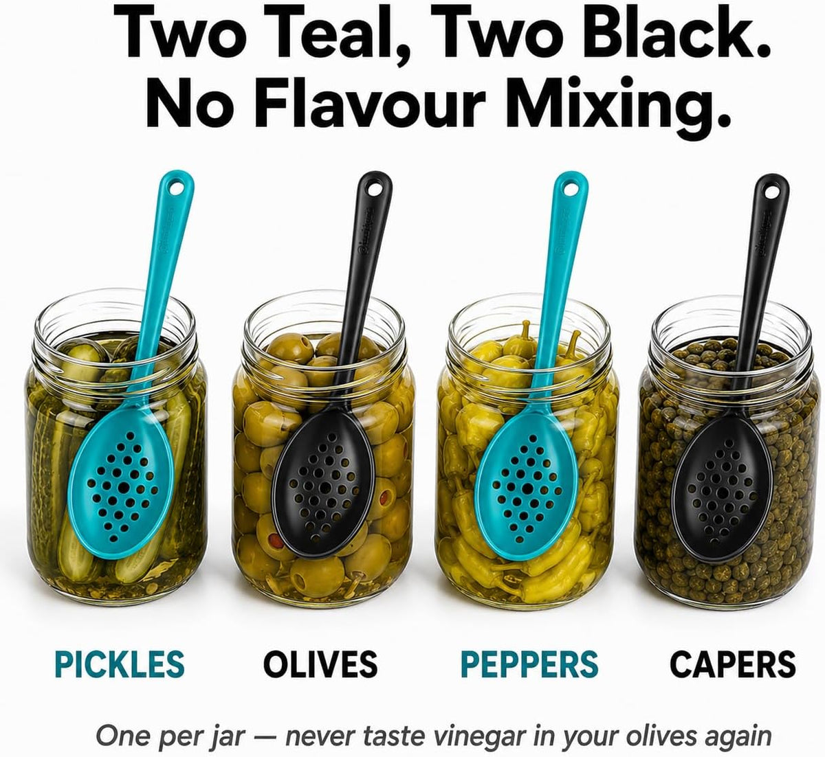 Olive and Pickle Spoon Set of 4, 7-Inch Small Slotted Serving Utensils for Jars, Teal and Black, Perfect for Olives, Pickles, Capers, Pepperoncini, Cherries, Dishwasher Safe, Made in USA by Pikanty