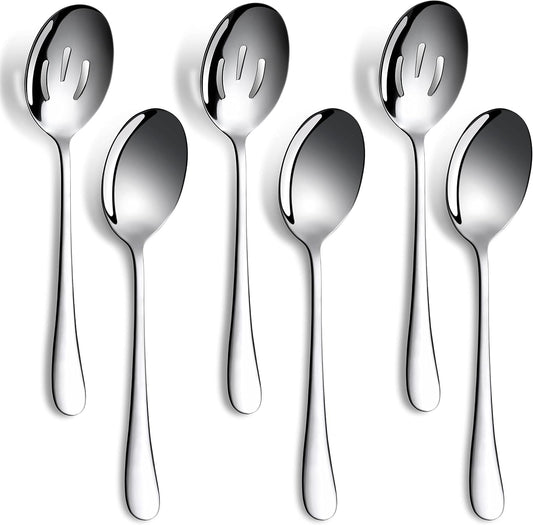 6 PCS Serving Spoons Set, 8.7 Inch Serving Spoon, Slotted Spoons, Silver
