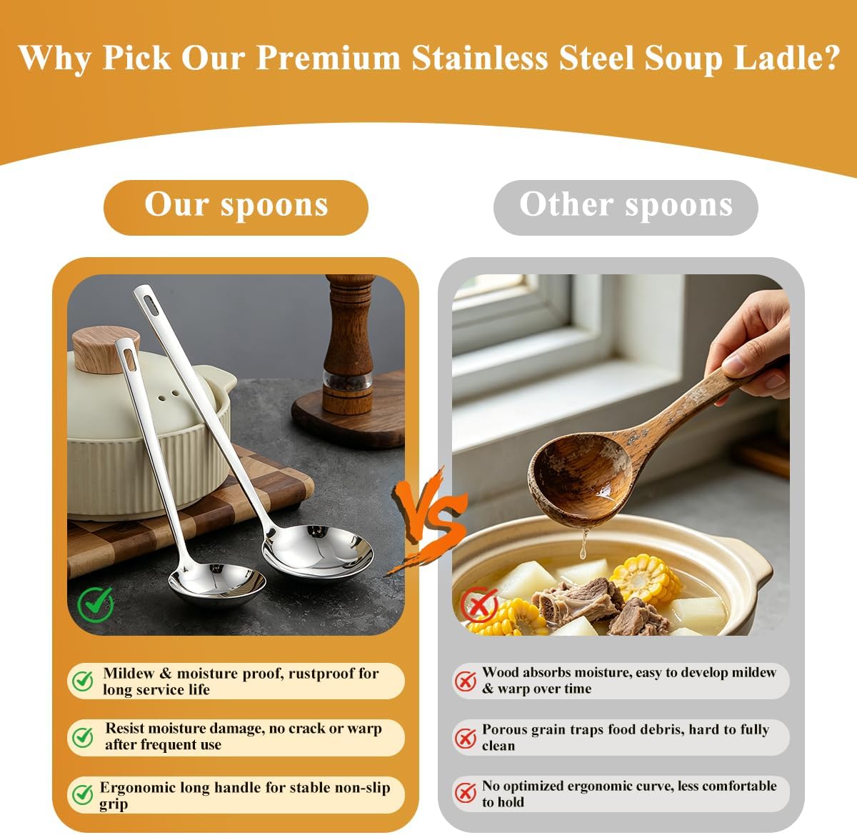 Kyraton 2 Piece Soup Ladle Set, 11.8" Large & 9.6" Small Stainless Steel Ladles, One-Piece Ergonomic Cooking Spoons, Dishwasher Safe Heavy Duty Serving Utensils for Home Kitchen Soup Sauce Noodle