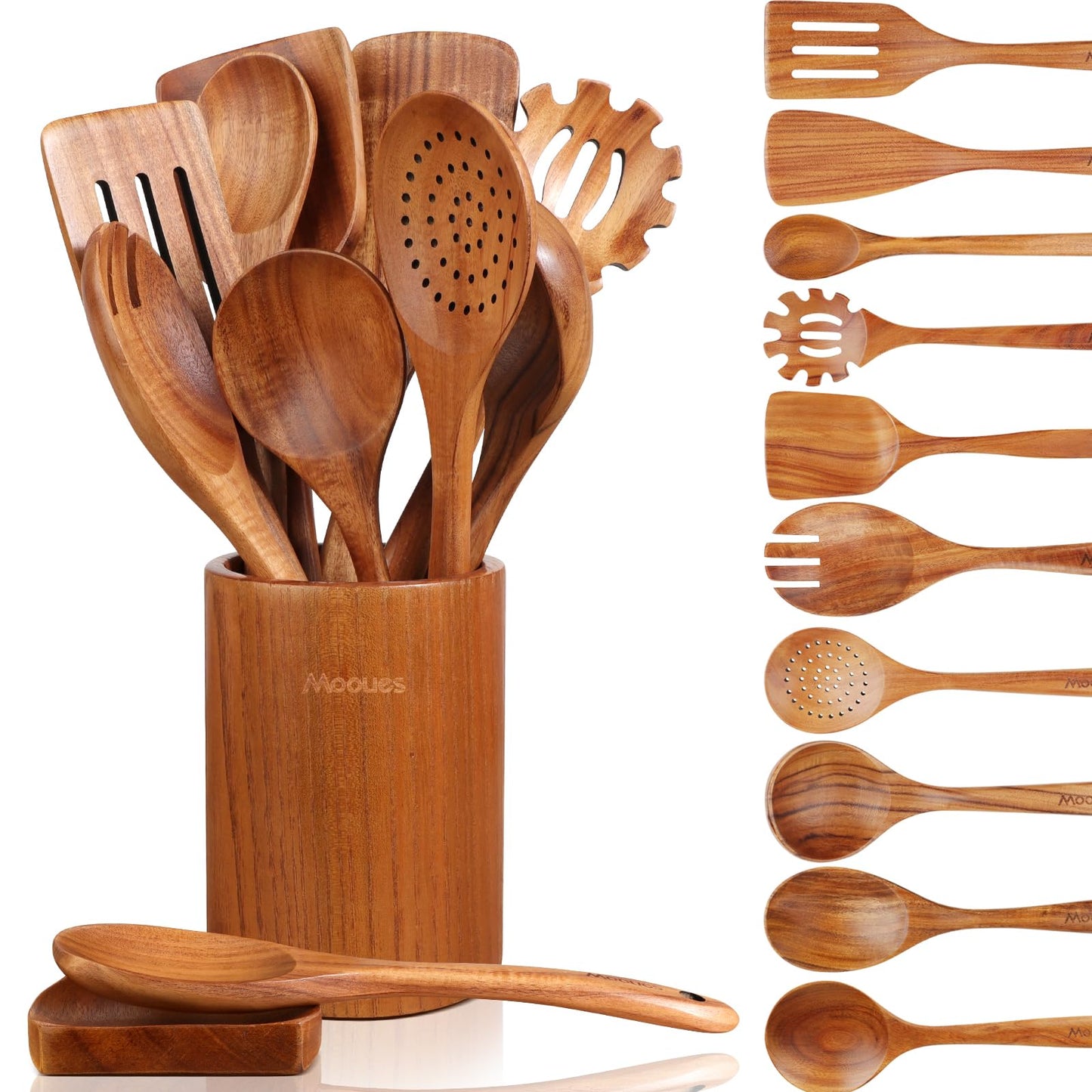 Mooues Wooden Kitchen Utensil Set, 9 Piece Natural Teak with Spoon Rest