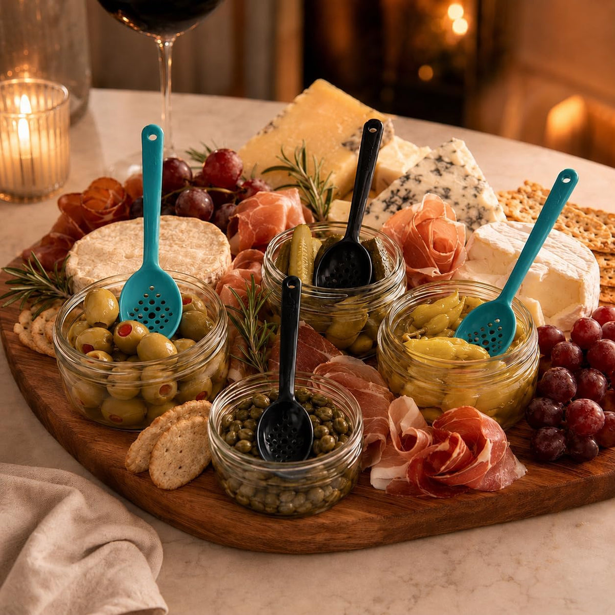 Olive and Pickle Spoon Set of 4, 7-Inch Small Slotted Serving Utensils for Jars, Teal and Black, Perfect for Olives, Pickles, Capers, Pepperoncini, Cherries, Dishwasher Safe, Made in USA by Pikanty