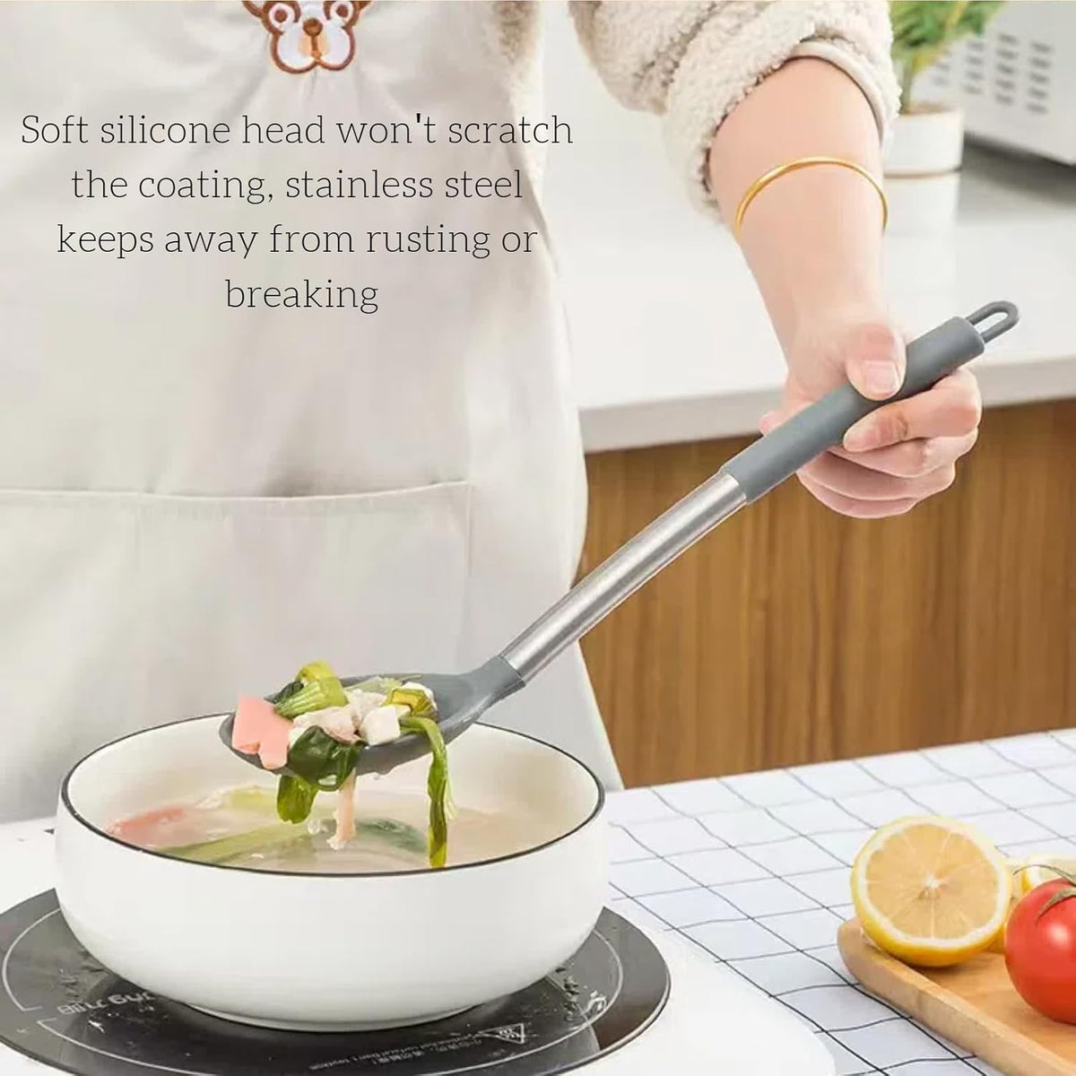 Silicone Slotted Cooking Spoon Set (13.2"), 3-Pack Large Stainless Steel Handle Non Stick Skimmer Spoon Heat Resistant 600°F, Ladle Strainers, Kitchen Utensils for Mixing Draining Frying