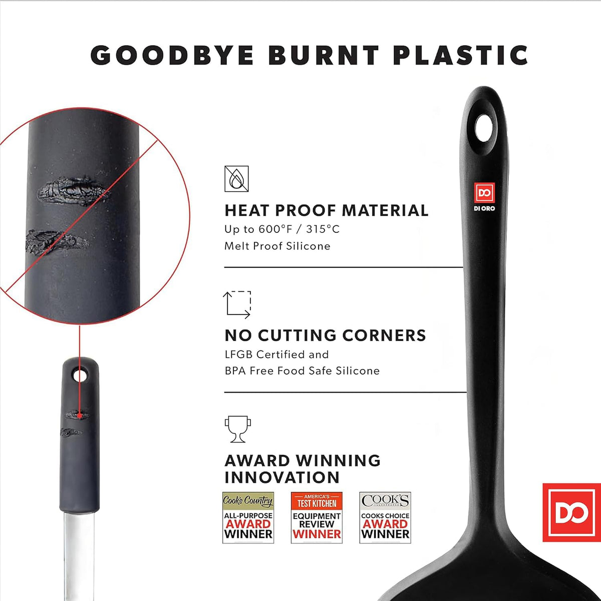 DI ORO Silicone Turner Spatula Set - 600F Heat Resistant, 4-Pc Black
