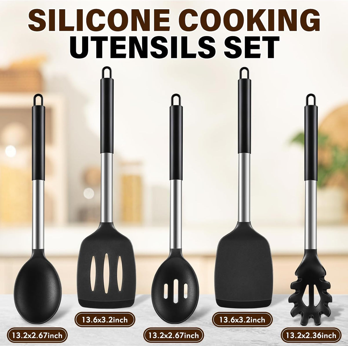 5Pcs Silicone Cooking Utensils Set, Heat Resistant Kitchen Tools Include Solid&Slotted Spatula, Cooking Spoon and Pasta Server, Silicone Kitchen Utensils set for Nonstick Cookware Flipping, Black