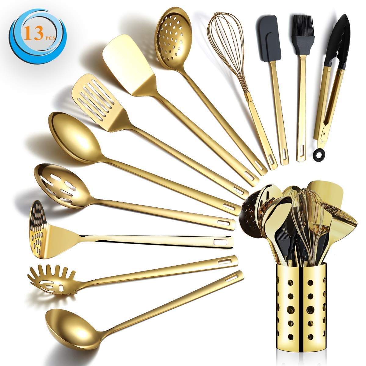 Gold Cooking Spoon, Berglander Stainless Steel Slotted Spoon Titanium Gold Plating, Kitchen Serving Basting Spoon For Cooking, Dishwasher Safe, Easy to Clean