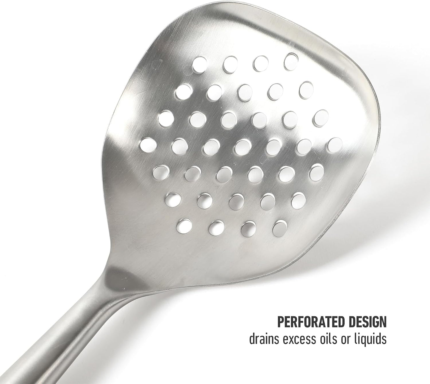 Calphalon Edge Stainless Steel Slotted Spoon/Skimmer, Kitchen Strainer Spoon, Skimmer with Silicone Heat Resistance Handle, Slotted Cooking Tool for Draining and Skimming (Blue)