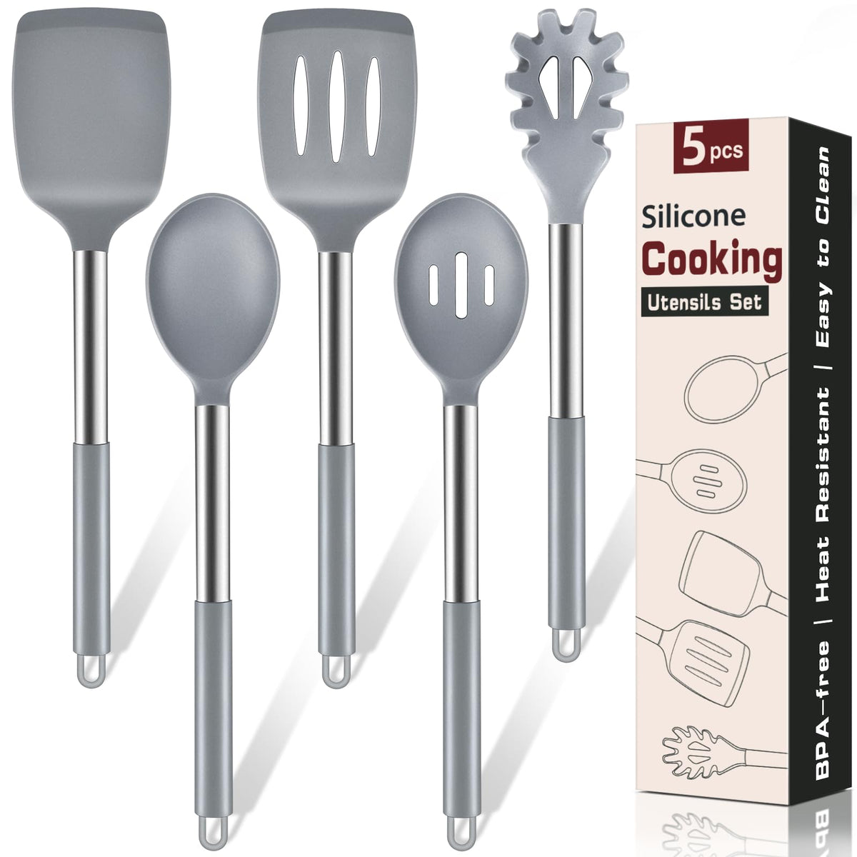 5Pcs Silicone Cooking Utensils Set, Heat Resistant Kitchen Tools Include Solid&Slotted Spatula, Cooking Spoon and Pasta Server, Silicone Kitchen Utensils set for Nonstick Cookware Flipping, Black