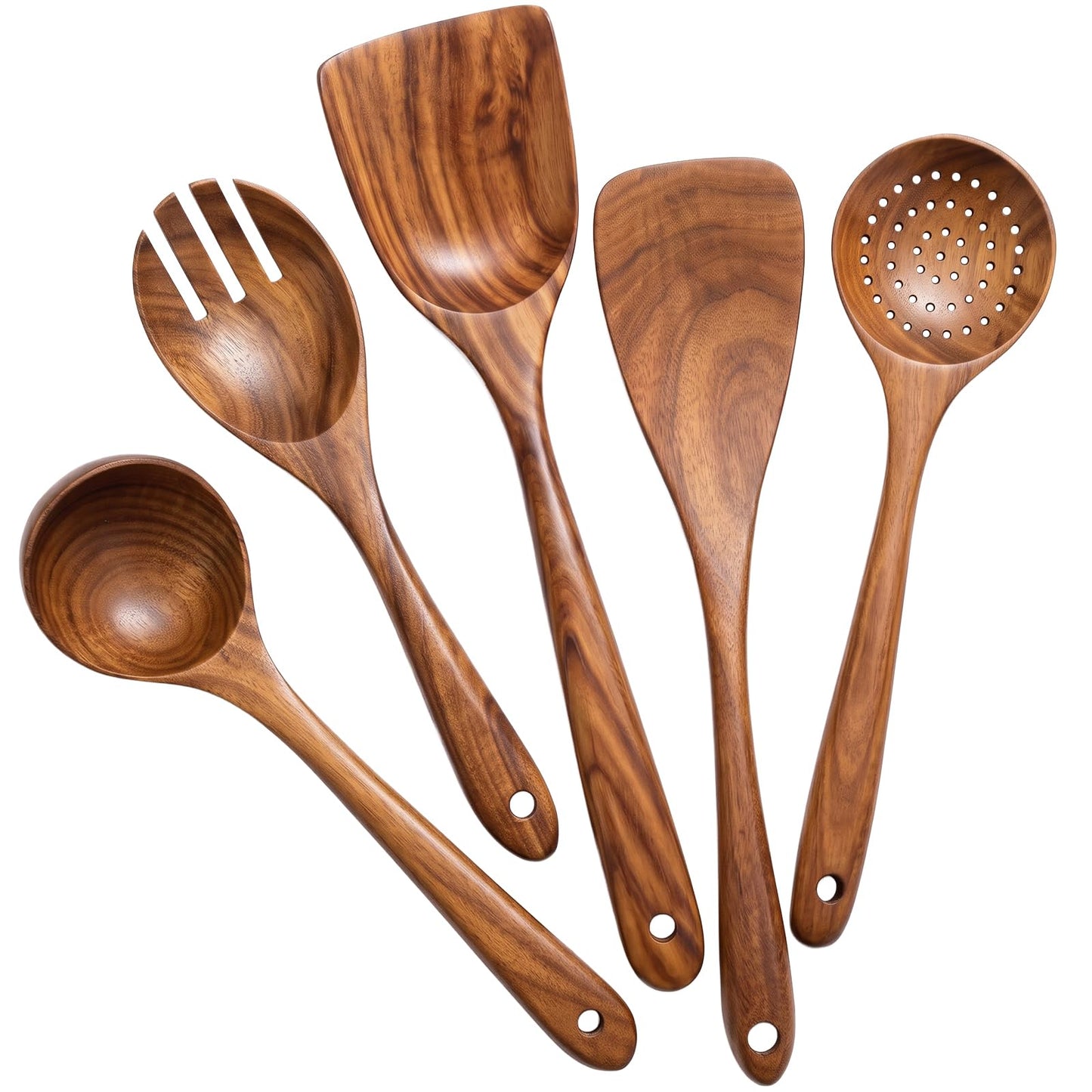 AIUHI 10Pcs Wooden Kitchen Utensils, Teak Wood Utensil Set for Kitchen, Heat-resistant Wooden Spoons for Cooking, Nonstick Wood Spatula Soup Ladle Tong Egg Whisk