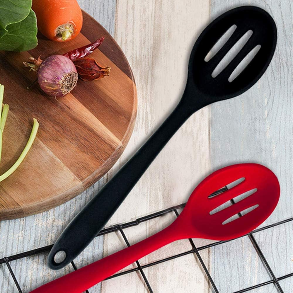 Kitchen Slotted Spoon, 2 Pcs Silicone Spoon Heat Resistant, Non Scratch Cooking Spoons Set for Stirring, Scooping and Mixing, RED BLACK,M (QTINDAI-02)