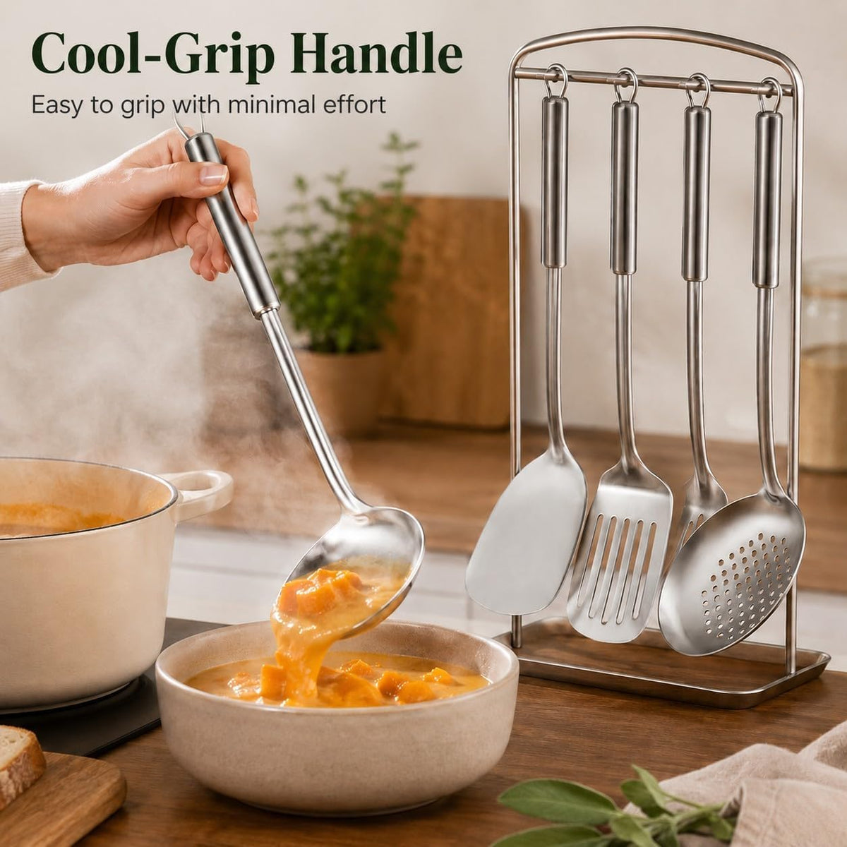 Pleafind Cooking Utensils Set - 4 Pcs Stainless Steel Kitchen Utensils Set with Solid Turner, Slotted Turner, Serving Ladle, Slotted Spoon, Wok Utensils Set with Heat Resistant Handle, Dishwasher Safe