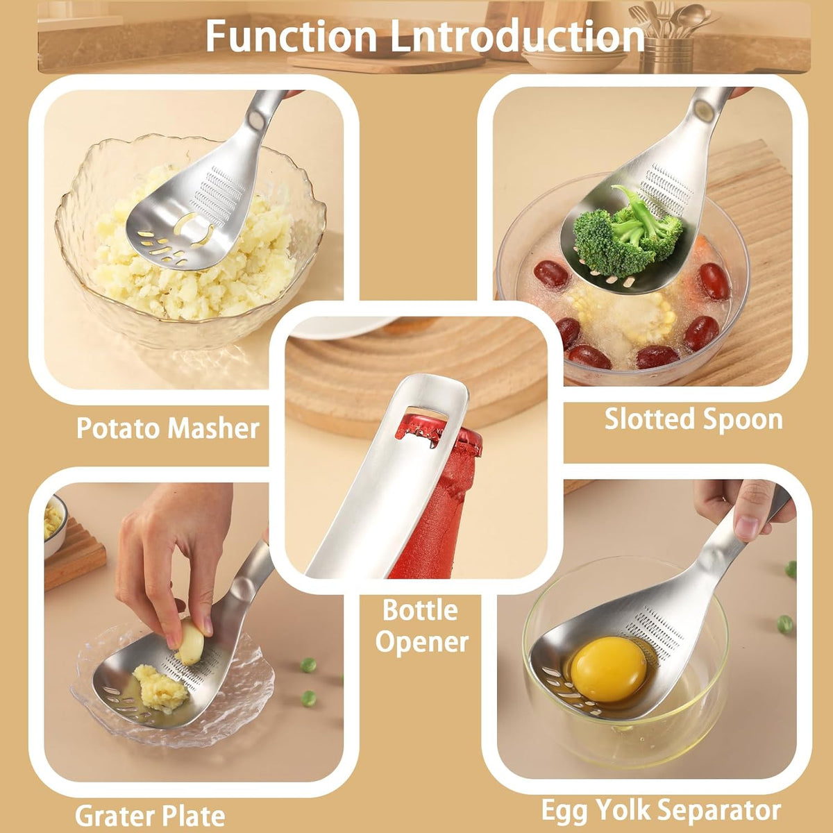 5 in 1 Multifunction Cooking Spoon,304 Stainless Steel Egg Slotted spoon