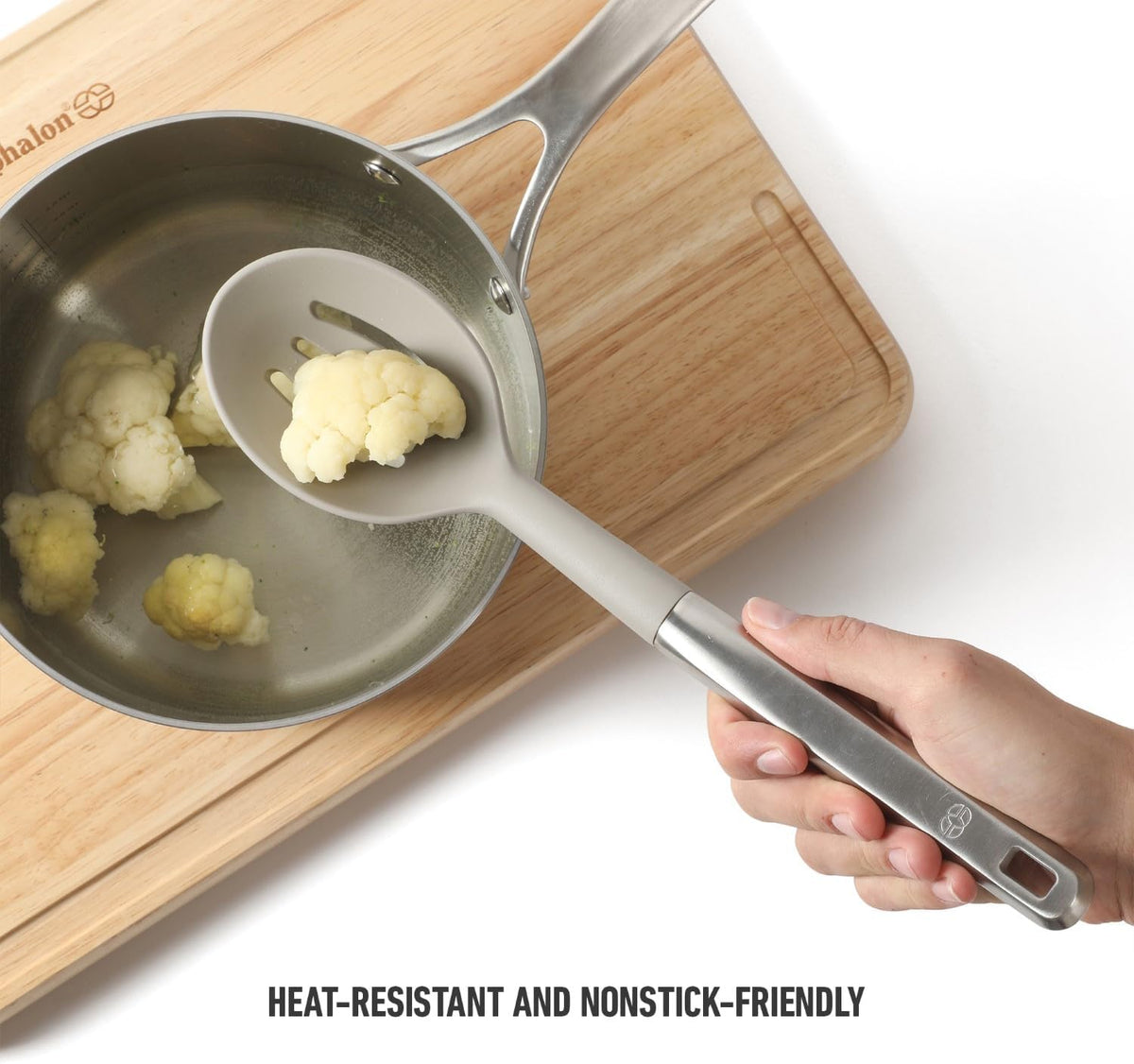 Calphalon Prime Slotted Spoon Skimmer, Stainless Steel Slotted Spoon, Straining Spoon with Taupe Silicone Head, Heat-Resistant Nonstick-Safe Kitchen Tool
