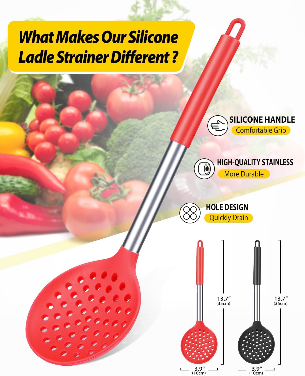 BUNDLEPRO Silicone Kitchen Ladle Strainer, 2 Pack, Black-Red