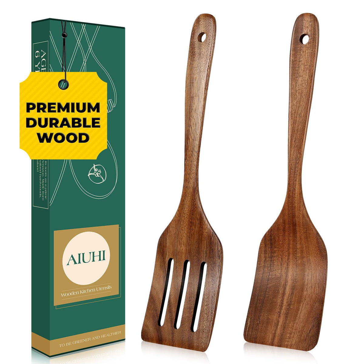 AIUHI 10Pcs Wooden Kitchen Utensils, Teak Wood Utensil Set for Kitchen, Heat-resistant Wooden Spoons for Cooking, Nonstick Wood Spatula Soup Ladle Tong Egg Whisk