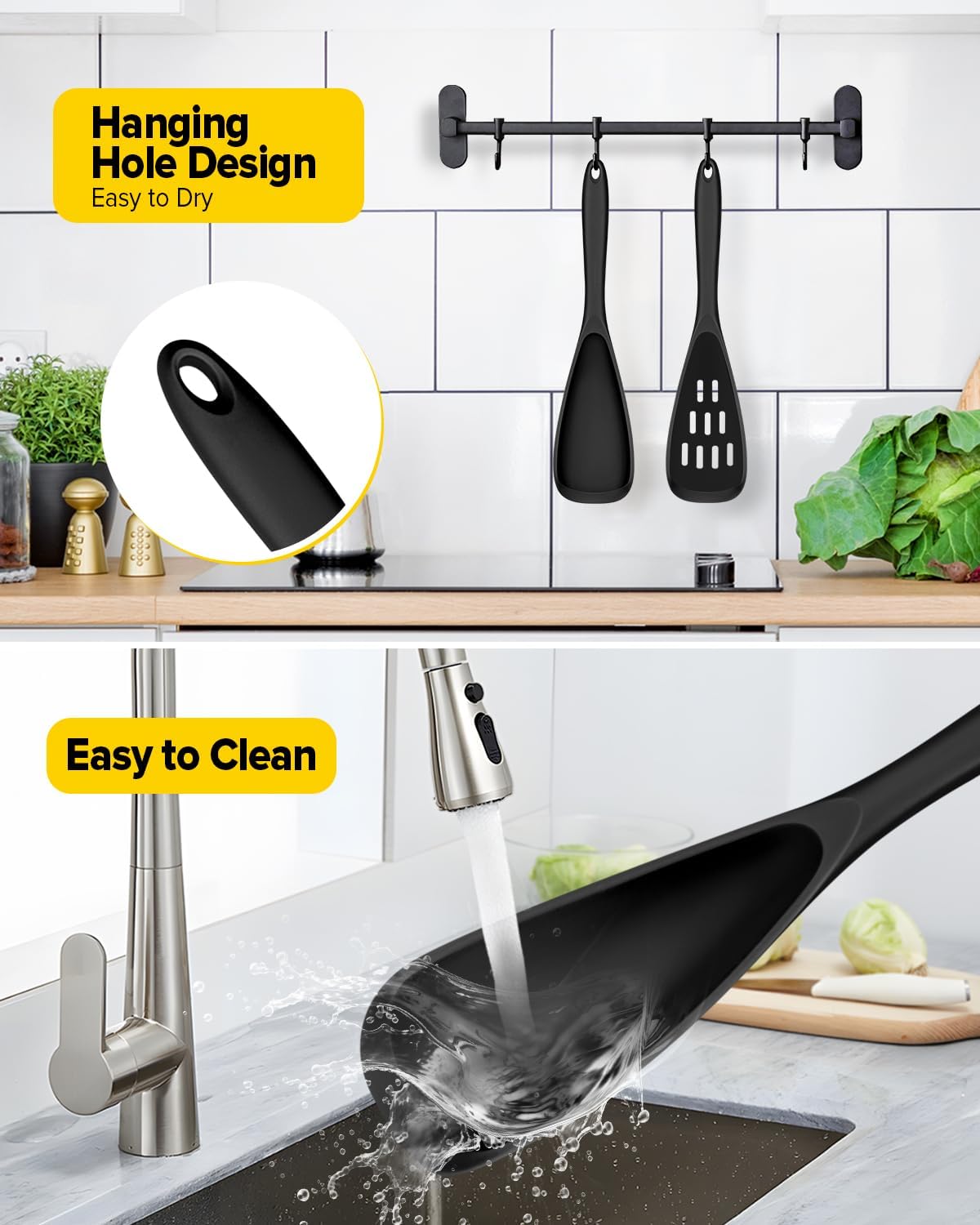 Pack of 2 Cooking Spoons for Non Stick Cookware, Multifunction Spatula Spoon BPA-Free, One-Piece Design, Suitable for Scooping, Scraping, Serving and Mixing(BLACK)
