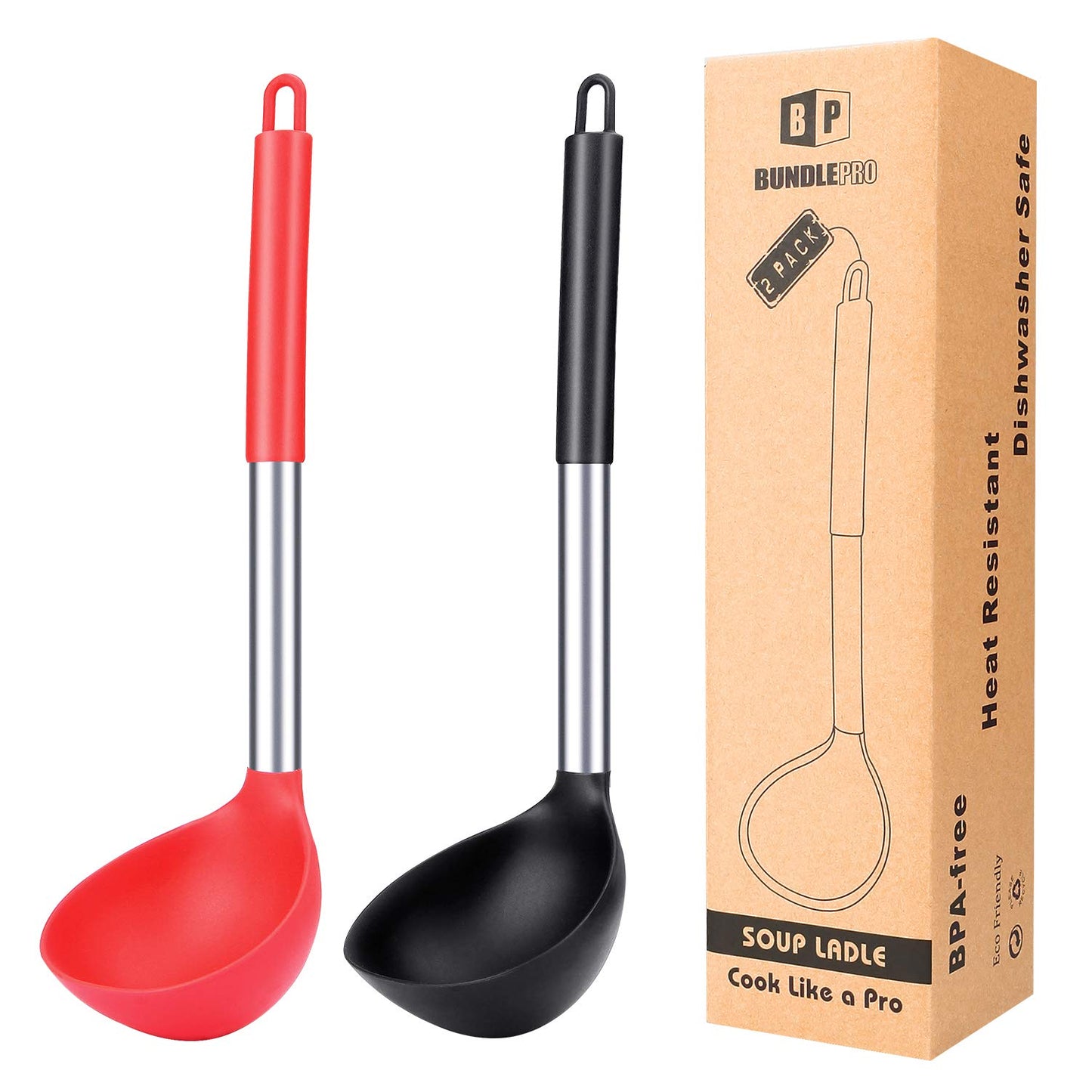 BUNDLEPRO Silicone Soup Ladle Spoon Kitchen Utensils, 2 Pack, Grey-Blue