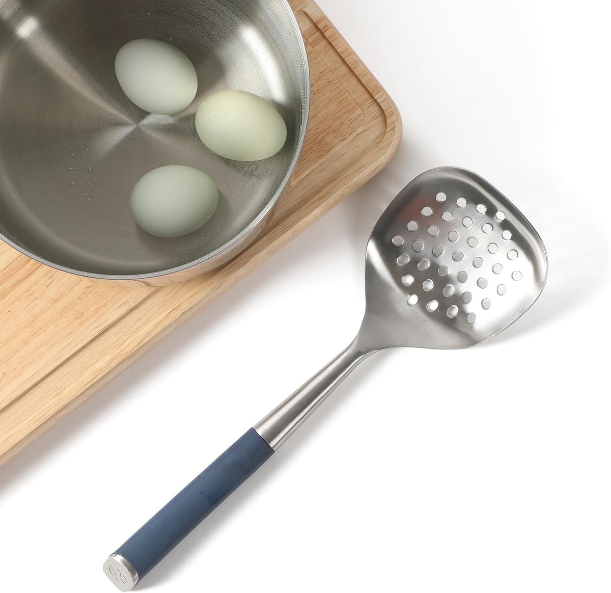 Calphalon Edge Stainless Steel Slotted Spoon/Skimmer, Kitchen Strainer Spoon, Skimmer with Silicone Heat Resistance Handle, Slotted Cooking Tool for Draining and Skimming (Blue)