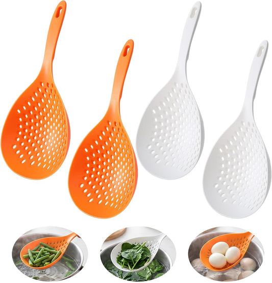 4 Pcs Scoop Colander Strainer Spoon, Big Plastic Slotted Spoon Heat Resistant Nylon Kitchen Utensils for Cooking Pasta Vegetables Dumplings, Large Orange and White