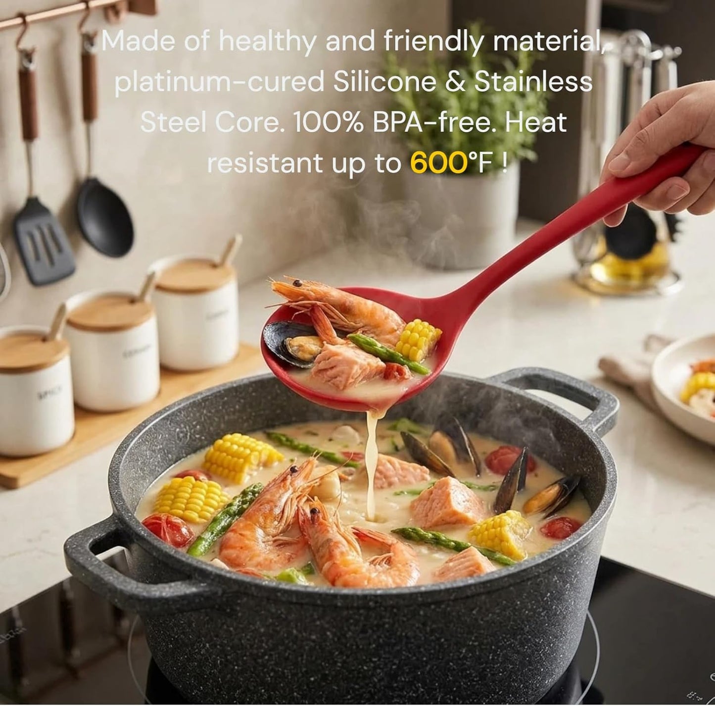 Skimmer Slotted Spoon 2PC Set, Heat Resistant 600 °F Slotted ladle Spoons For Kitchen Cooking. (Black & Red)