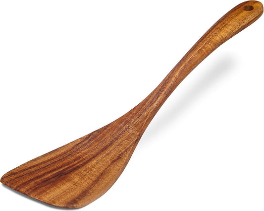 Jilla-hla Wooden Spatula Nonstick Turner Acacia Wood, Right Long Handle Flat Frying Spatulas Handmade for Mother Wife Grandma Her Kitchen Gift, Ideal Cookware Utensils for Cooking Eggs, Fish, Pancakes