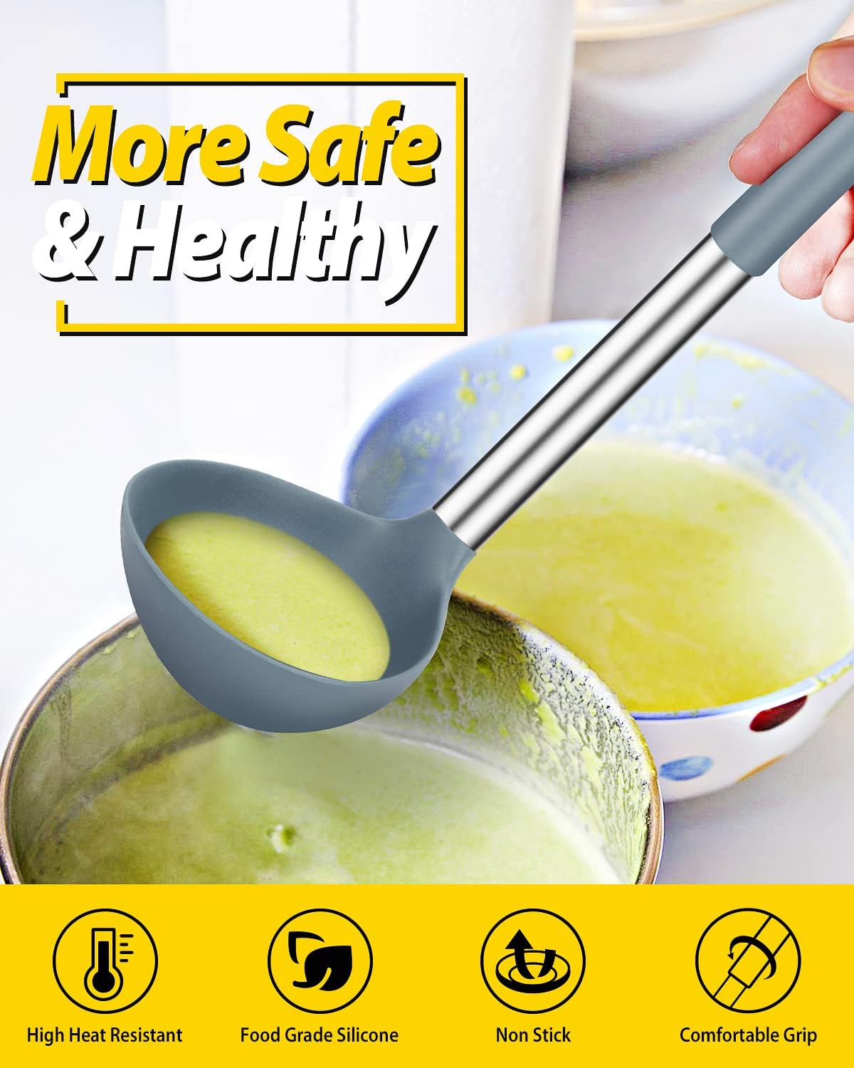 BUNDLEPRO Silicone Soup Ladle Spoon Kitchen Utensils, 2 Pack, Grey-Blue