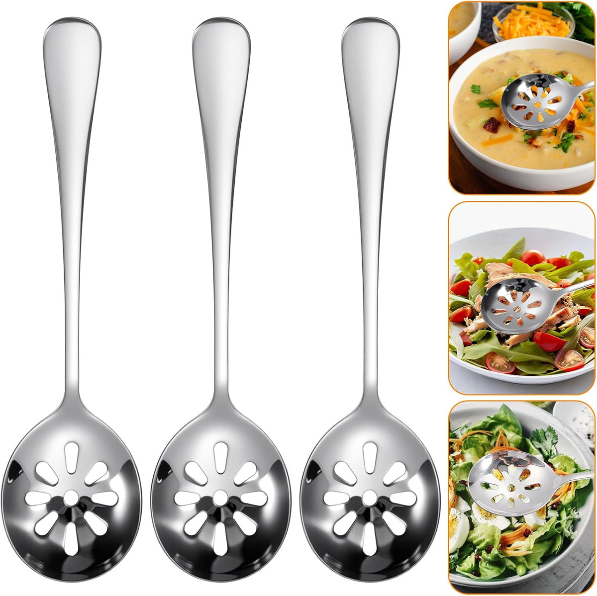 3Pcs 7.8 Inch Slotted Spoon, Serving Spoons, Dips, Cereals (10 Holes)