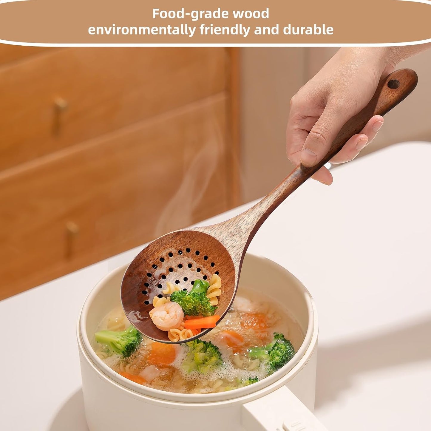 AOOSY Wooden Strainer Spoon,11" Wooden Slotted Spoon for Cooking