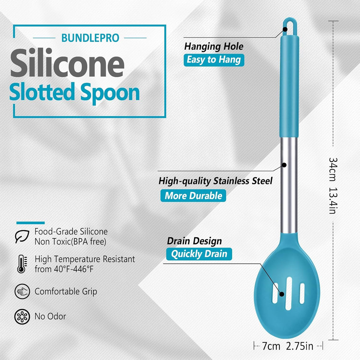 BUNDLEPRO Large Silicone Slotted Spoon, 2 Pack, Gray-Blue