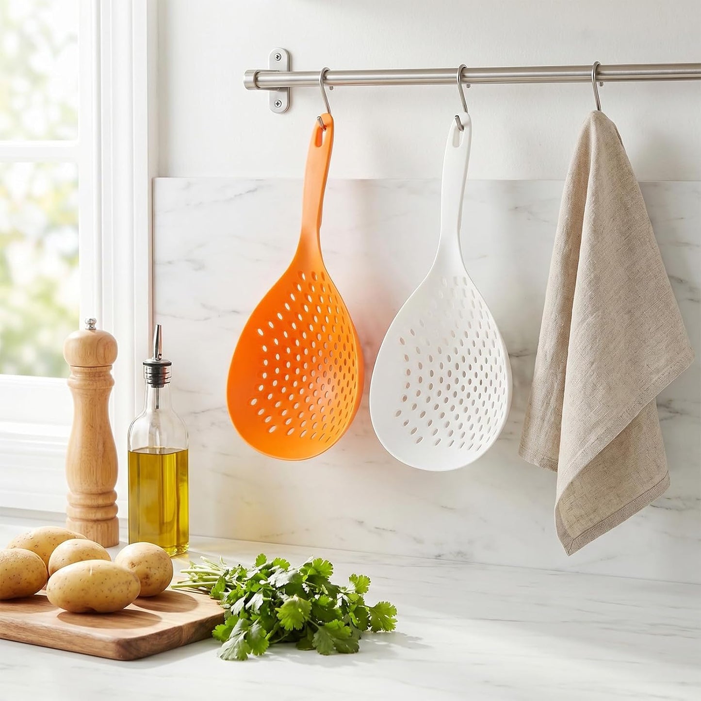 4 Pcs Scoop Colander Strainer Spoon, Big Plastic Slotted Spoon Heat Resistant Nylon Kitchen Utensils for Cooking Pasta Vegetables Dumplings, Large Orange and White